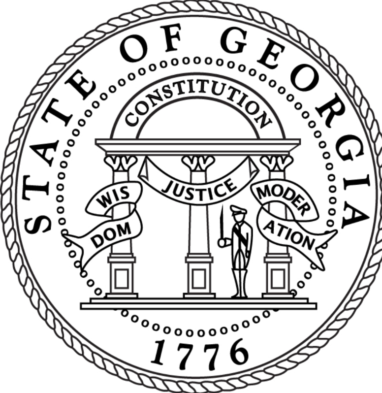 State of Georgia seal with Constitution, Wisdom, Justice, Moderation, and 1776.